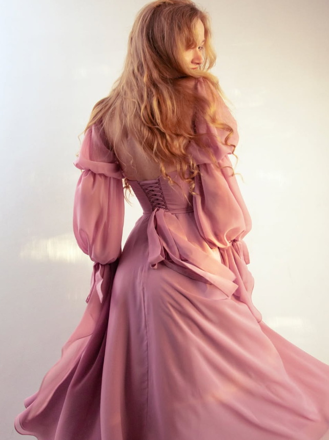 Princess Pink A Line Long Sleeve Chiffon Long Prom Dress Evening Dress DP2802