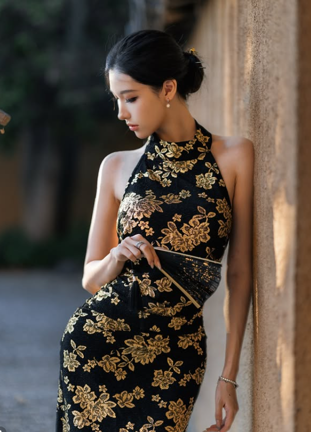 Sexy Sheath Halter Gold Print Floral Black Satin Open Back Long Prom Dress Evening Dress DP4786