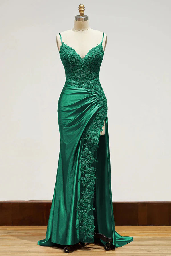 Elegant Spaghetti Straps Prom Dress Black Satin Sheath Appliques Long Formal Evening with Slits DP2125