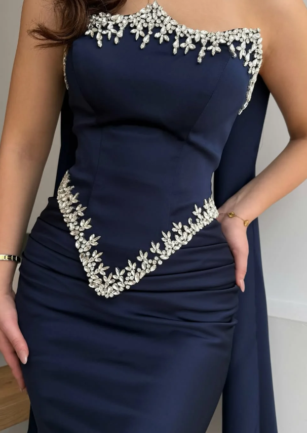 Navy Blue Sheath Strapless Exquisite Beaded Satin Prom Dress Evening Dress DP5028
