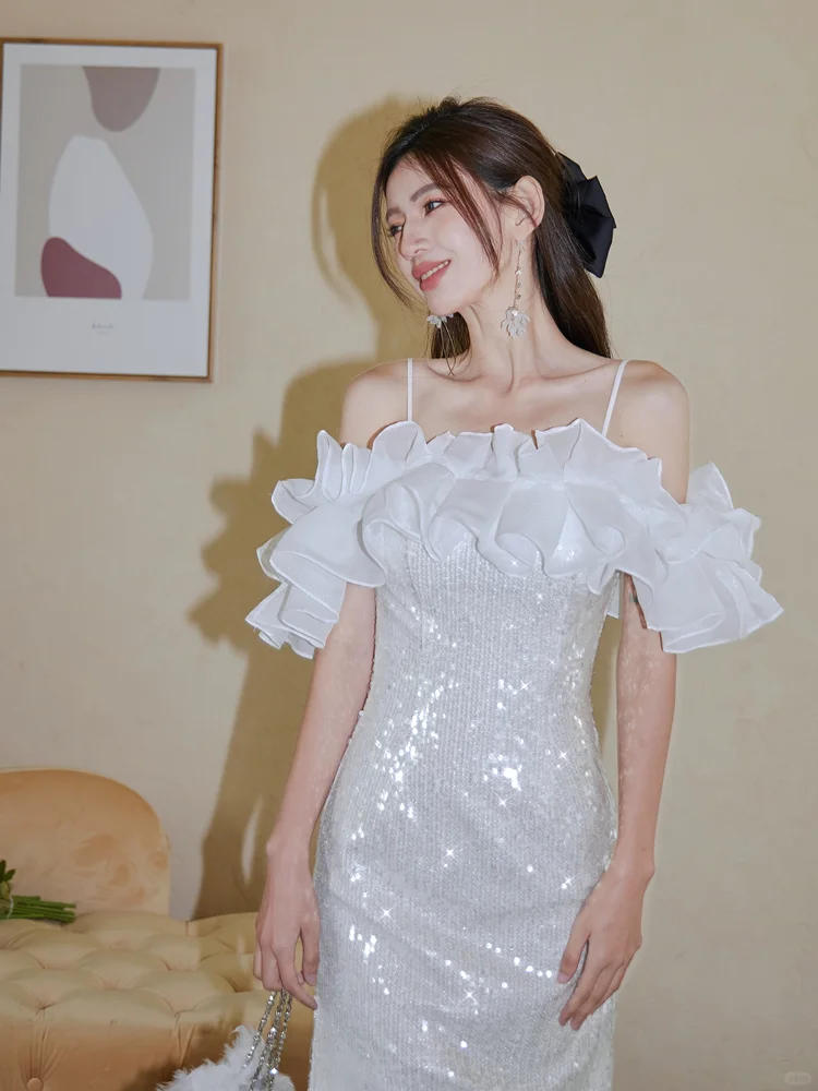 Shiny Mermaid Spaghetti Strap Ruffle Sequin Prom Dress Party Dress DP2514