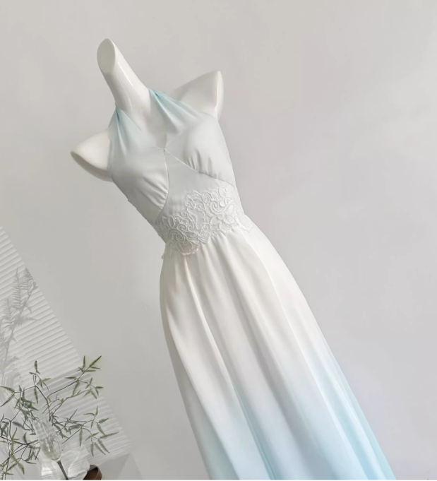 Blue Ombre A Line Halter Appliques Chiffon Vacation Dress Prom Dress Outfits DP3552