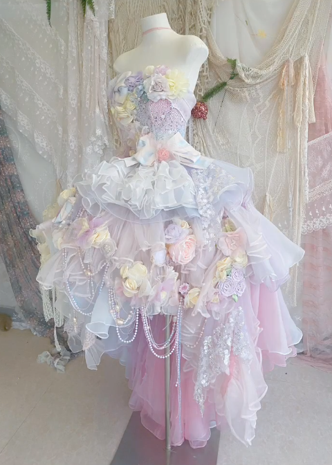 Dreamy Multi-color A Line Strapless Floral Beaded Tulle Short Prom Dress 16th Birthday Dress DP3767