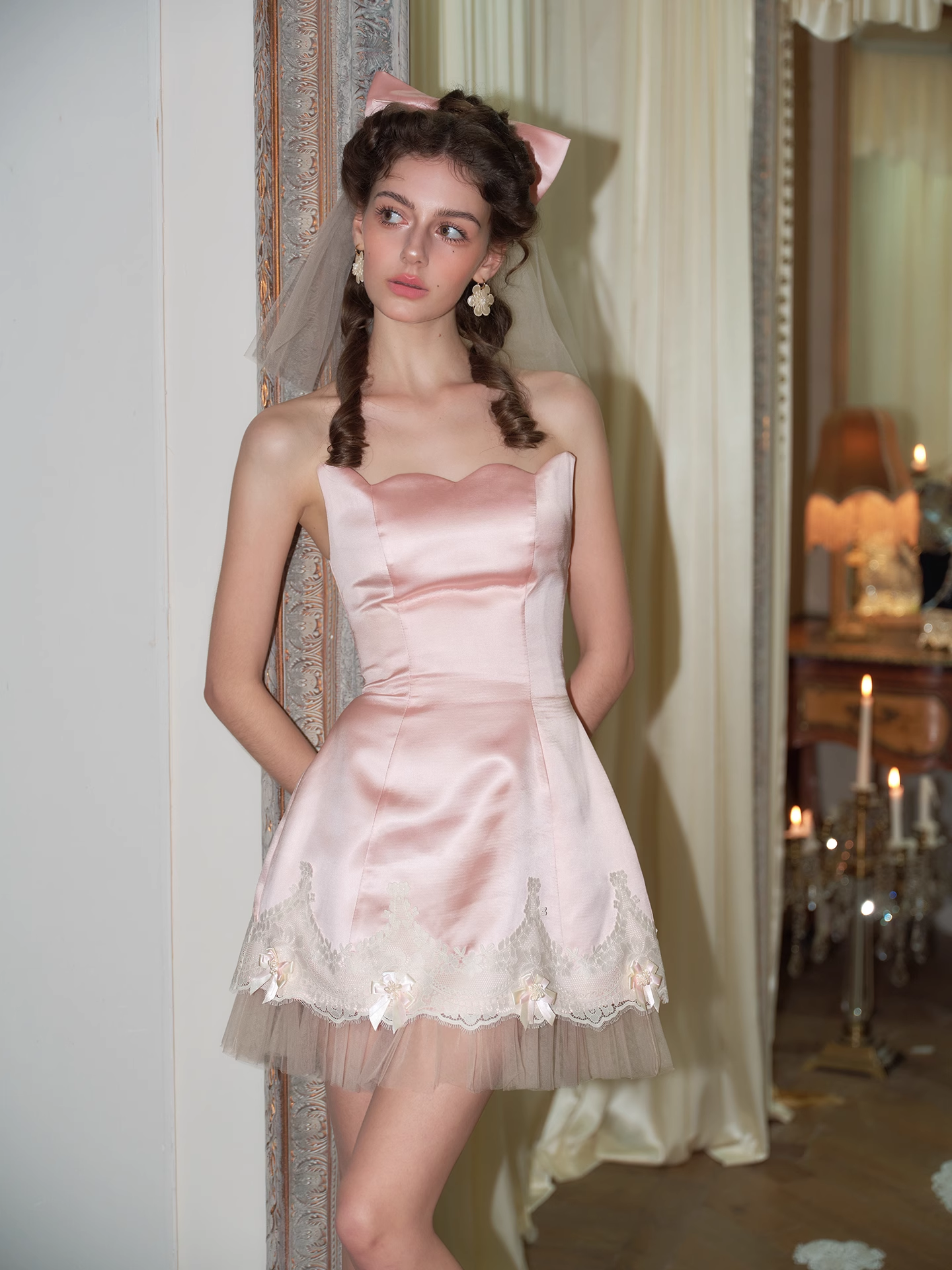 Cute A Line Strapless Lace Pink Satin Short Homecoming Dress DP2737