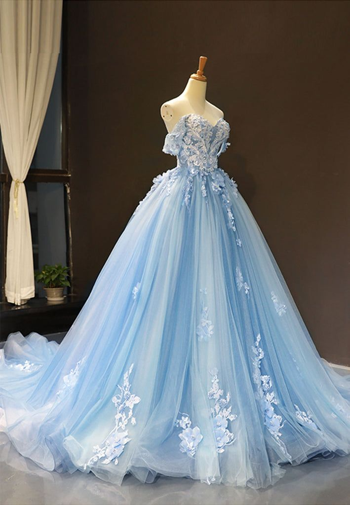 Blue Off Shoulder Prom Dress Quinceanera Dress Flowers Applique Ball Gown DP119
