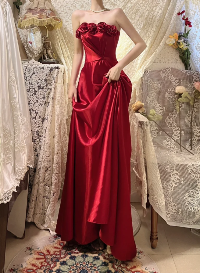 Burgundy A Line Strapless Floral Satin Long Prom Dress Date Dress DP4271