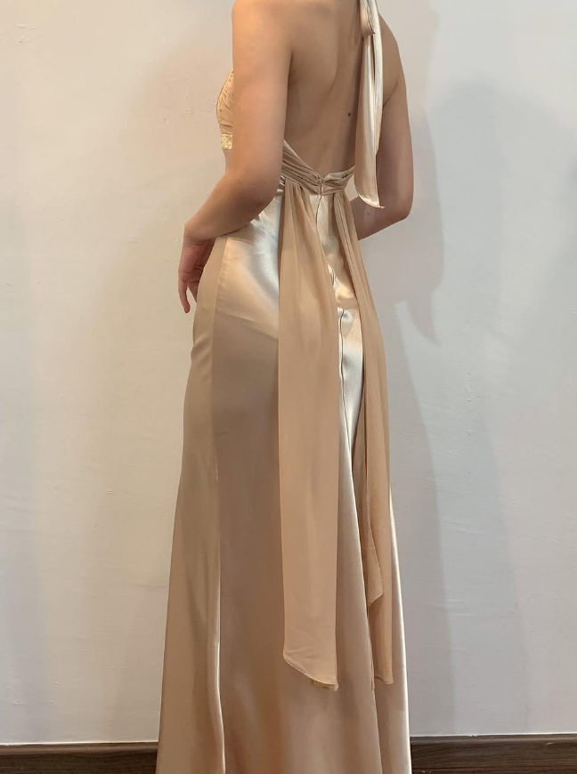 Vintage Sheath Halter Beaded Champagne Satin Open Back Prom Dress Evening Dress DP1696