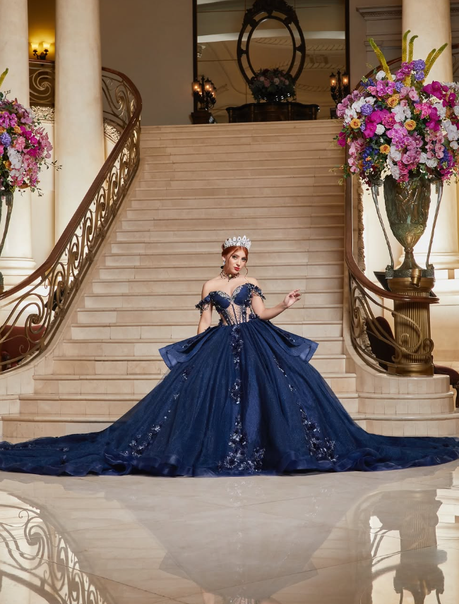 Gorgeous Navy Blue Off the Shoulder Corset Sequin Tulle Ball Gown Sweet 16 Dress Quinceanera Dress DP1883