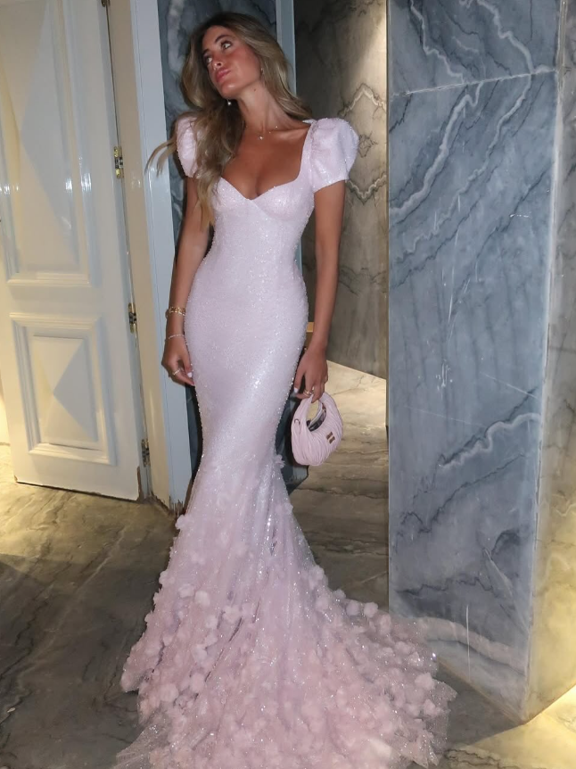 Romantic Pink Flower Beaded Sequin Puff Tulle Long Prom Dress Party Dress Date Dress DP2989