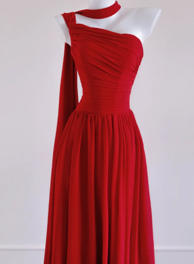 Romantic A Line One Shoulder Red Chiffon Prom Dress Graduation Prom Dress DP1999