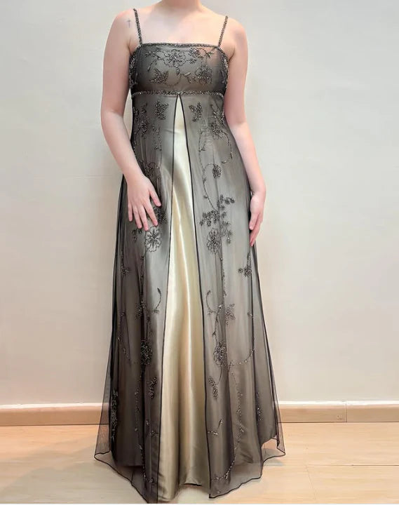 Vintage A Line Spaghetti Strap Beaded Chiffon Satin Prom Dress Graduation Prom Dress DP2195