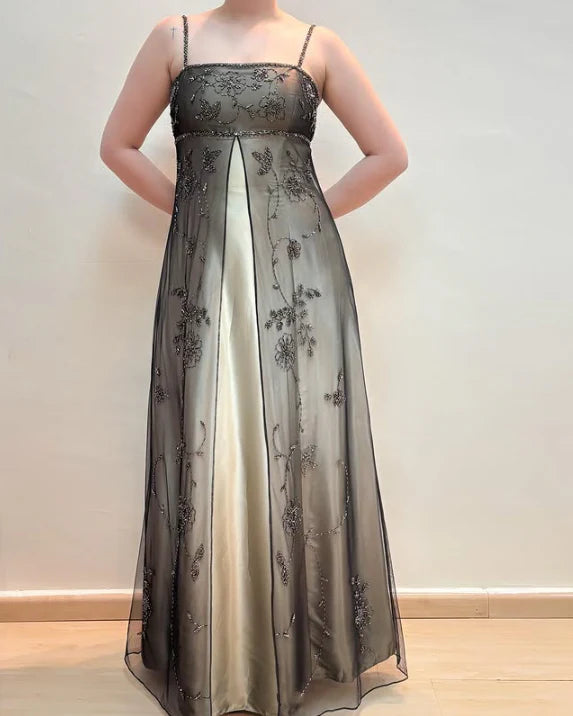 Vintage A Line Spaghetti Strap Beaded Chiffon Satin Prom Dress Graduation Prom Dress DP2195