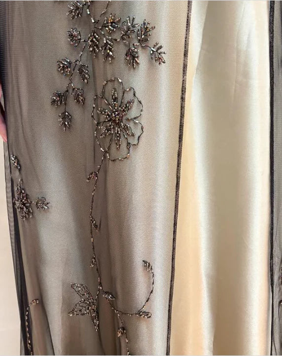 Vintage A Line Spaghetti Strap Beaded Chiffon Satin Prom Dress Graduation Prom Dress DP2195