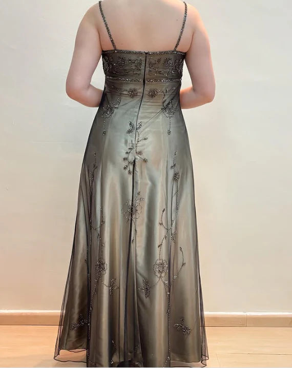 Vintage A Line Spaghetti Strap Beaded Chiffon Satin Prom Dress Graduation Prom Dress DP2195