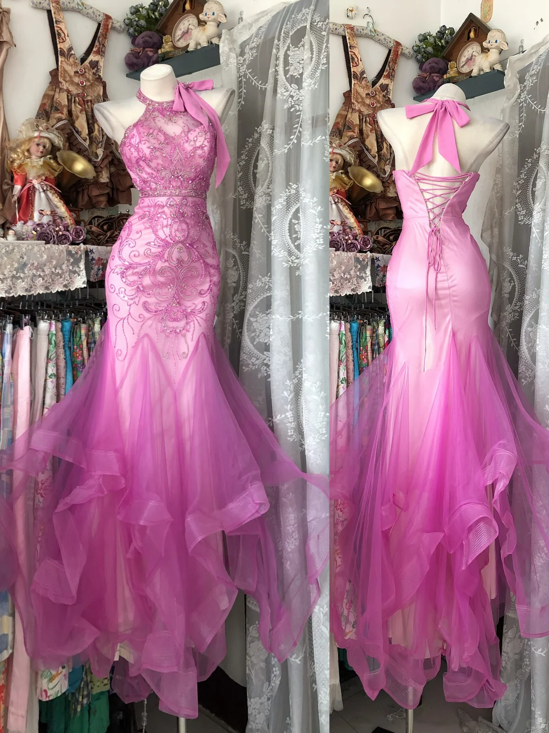 Vintage Pink Mermaid Halter Beaded Tulle Prom Dress Evening Dress DP8250