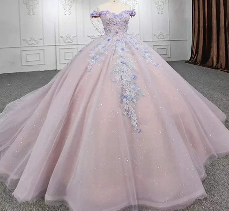 Purple Off the Shoulder Corset Appliques Tulle Ball Gown Sweet 16 Dress Quinceanera Dress DP1683