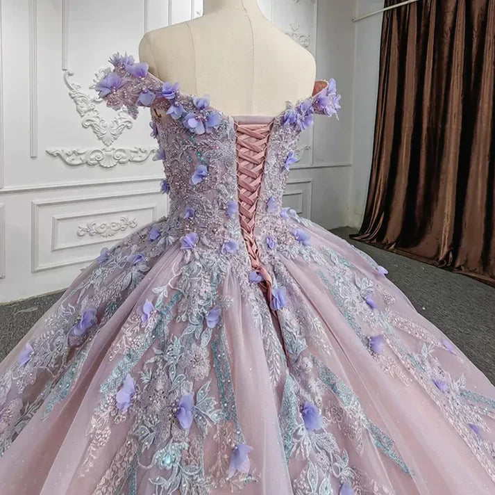Purple Off the Shoulder Corset Appliques Tulle Ball Gown Sweet 16 Dress Quinceanera Dress DP1683