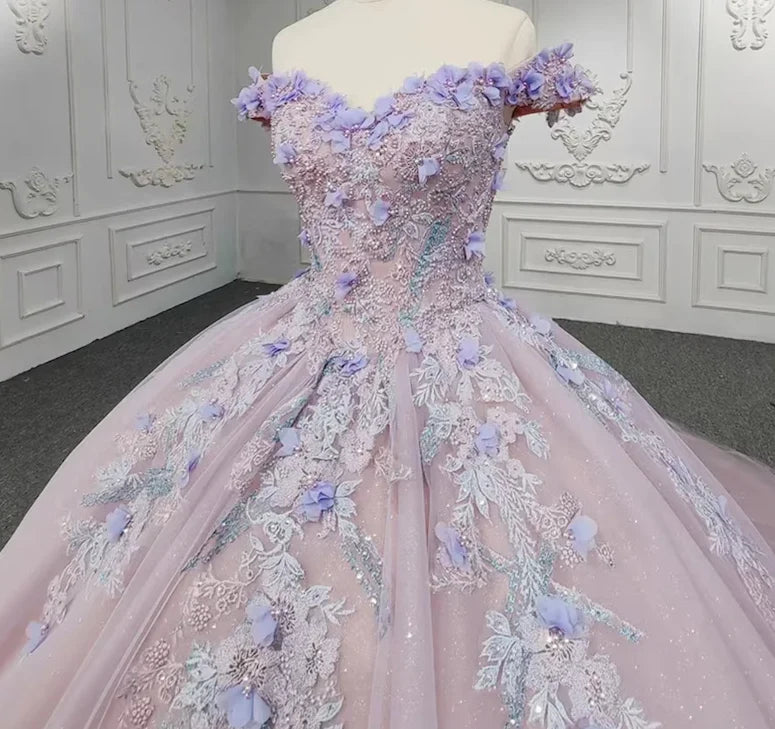 Purple Off the Shoulder Corset Appliques Tulle Ball Gown Sweet 16 Dress Quinceanera Dress DP1683
