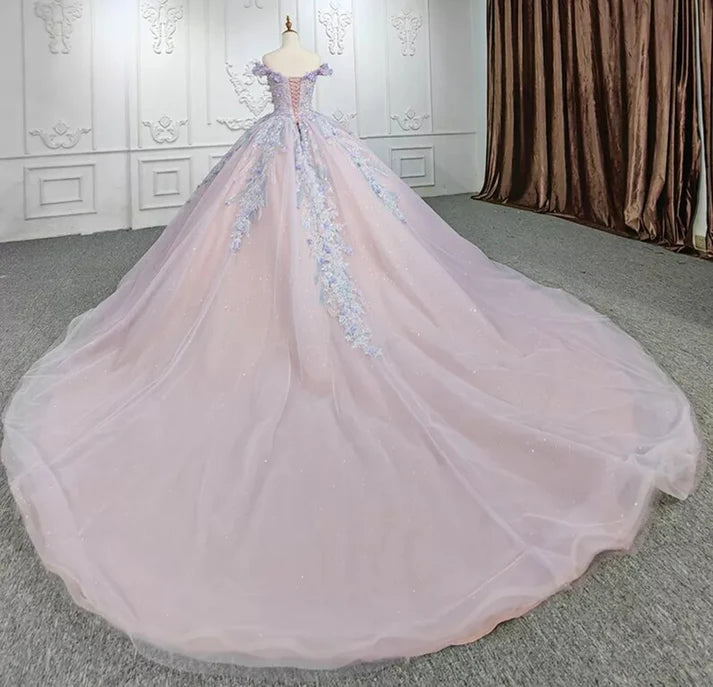 Purple Off the Shoulder Corset Appliques Tulle Ball Gown Sweet 16 Dress Quinceanera Dress DP1683