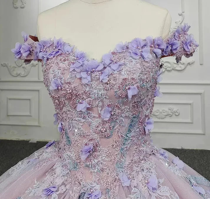 Purple Off the Shoulder Corset Appliques Tulle Ball Gown Sweet 16 Dress Quinceanera Dress DP1683