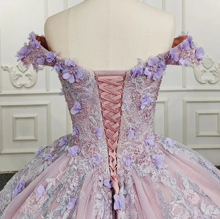 Purple Off the Shoulder Corset Appliques Tulle Ball Gown Sweet 16 Dress Quinceanera Dress DP1683