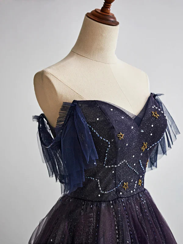 Dark Starry Sky Purple A Line Beads Tulle Long Prom Dress Evening Dress DP1261