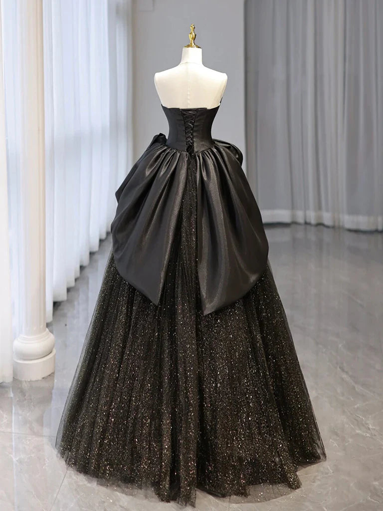 Ball Gown Black Sweetheart Neck Satin Tulle Long Prom Dress DP958