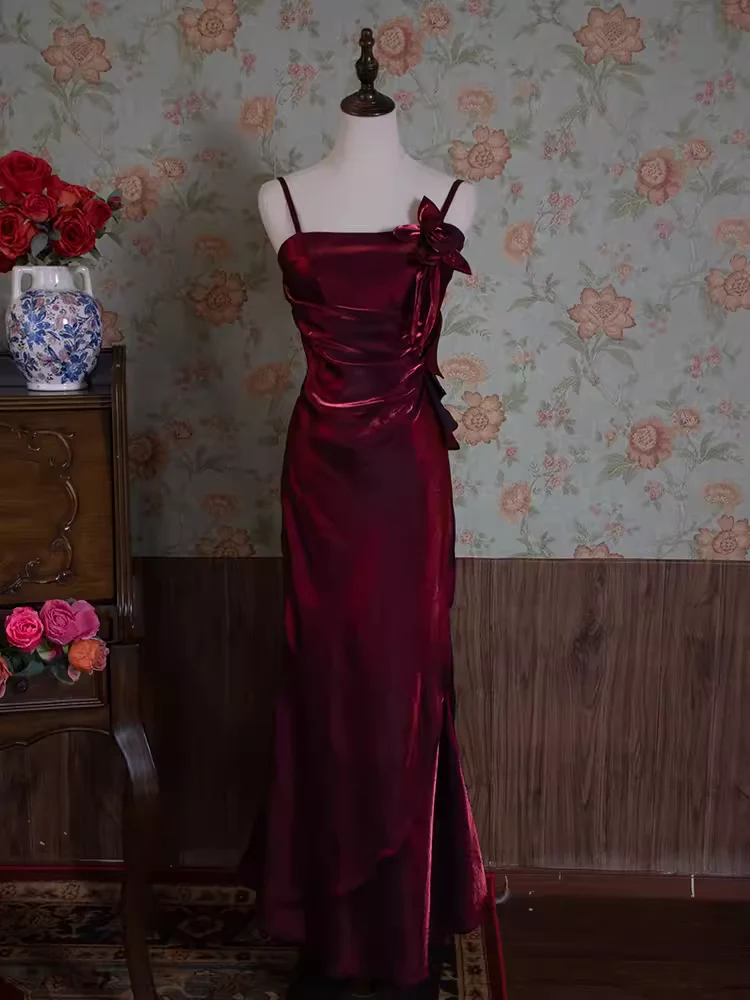 Vintage Spaghetti Straps Burgundy Long Prom Dress DP292