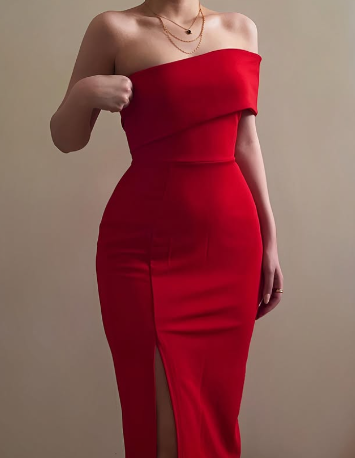 Bright Red Sheath One Shoulder Satin Slit Long Prom Dress Evening Dress DP6483