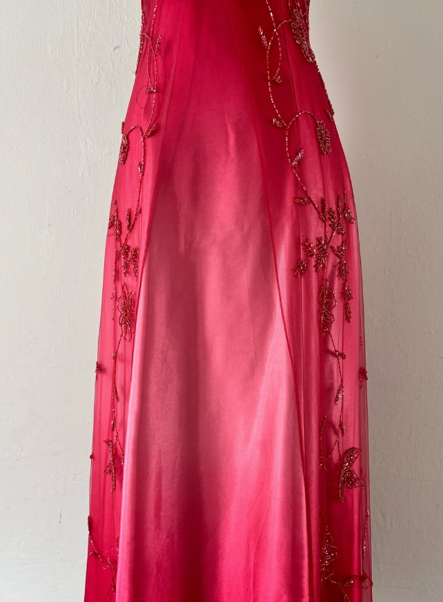 Elegant A Line Spaghetti Strap Beaded Red Ombre Tulle Satin Prom Dress Evening Dress DP2234