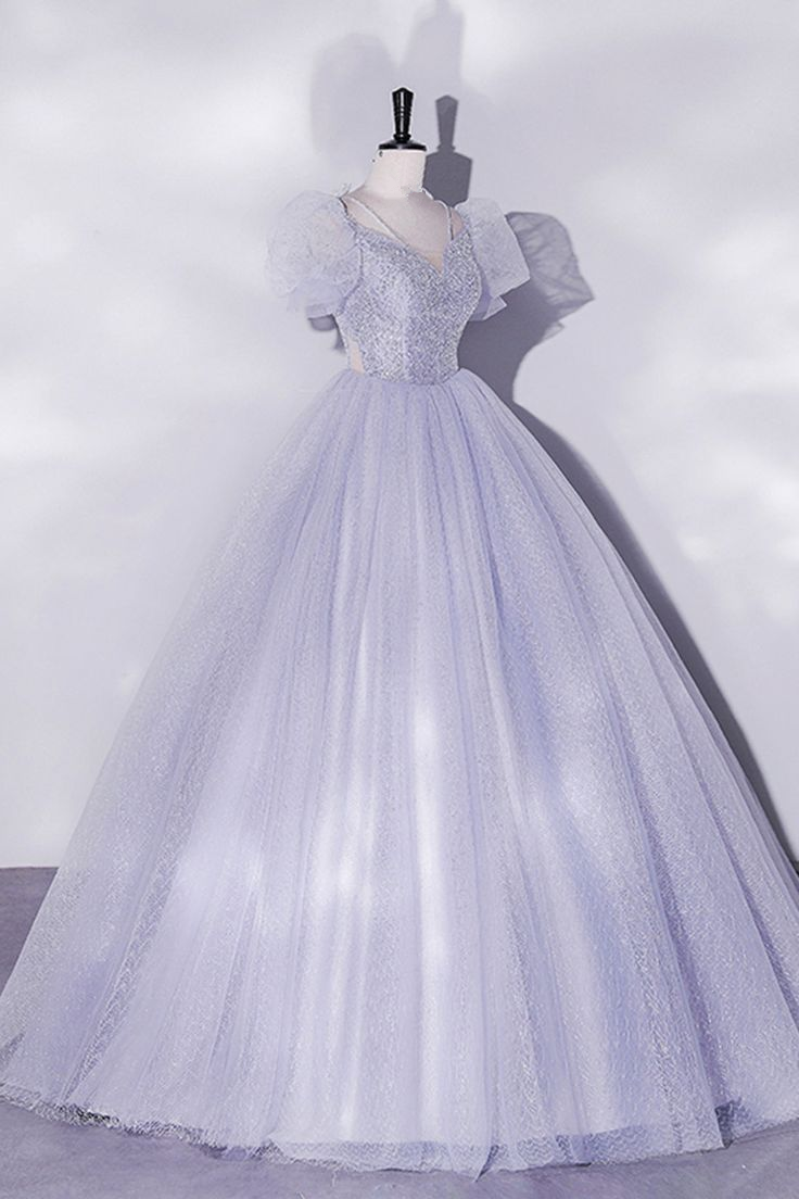 Light Purple Tulle Sequins Prom Dress Short Sleeves Puffy Floor-Length Evening Dress Quinceanera Dress DP207