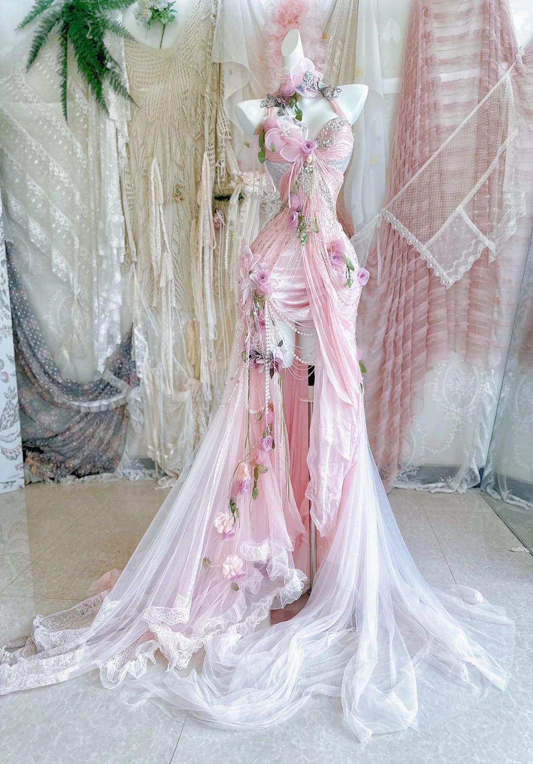 Gentle Pink Mermaid Exquisite Beaded Floral Tulle Lace Prom Dress Evening Dress Party Dress DP2972