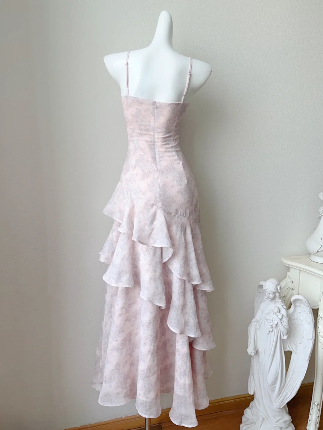 Purple A Line Spaghetti Straps Ruffle Print Flower Chiffon Party Dress Cocktail Dress DP2706