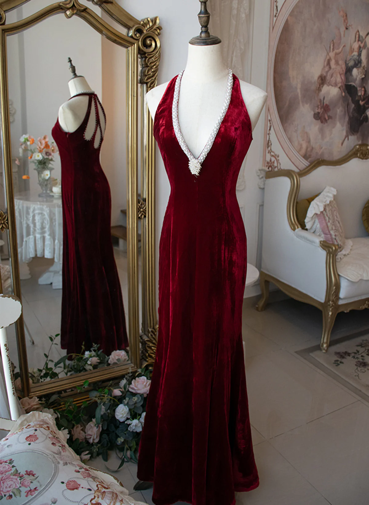 Charming Burgundy Mermaid Velvet Long Prom Dress Deep V Beaded Evening Dress DP298