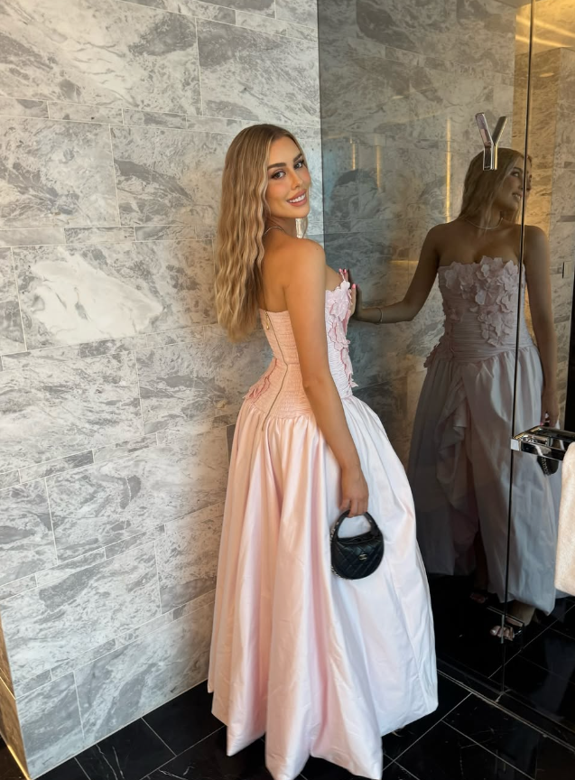 Light Pink A Line Strapless Appliques Satin Long Prom Dress Evening Dress DP1466