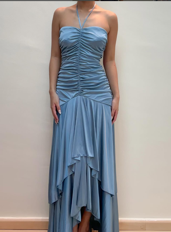 Vintage Mermaid Halter Tiered Blue Satin Prom Dress Evening Dress DP1666