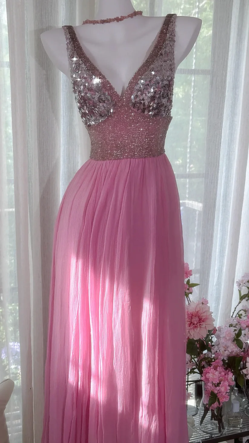 Shiny Pink Beaded Silver Sequin V Neck Chiffon Date Dress Evening Dress Wedding Guest Dress DP2912