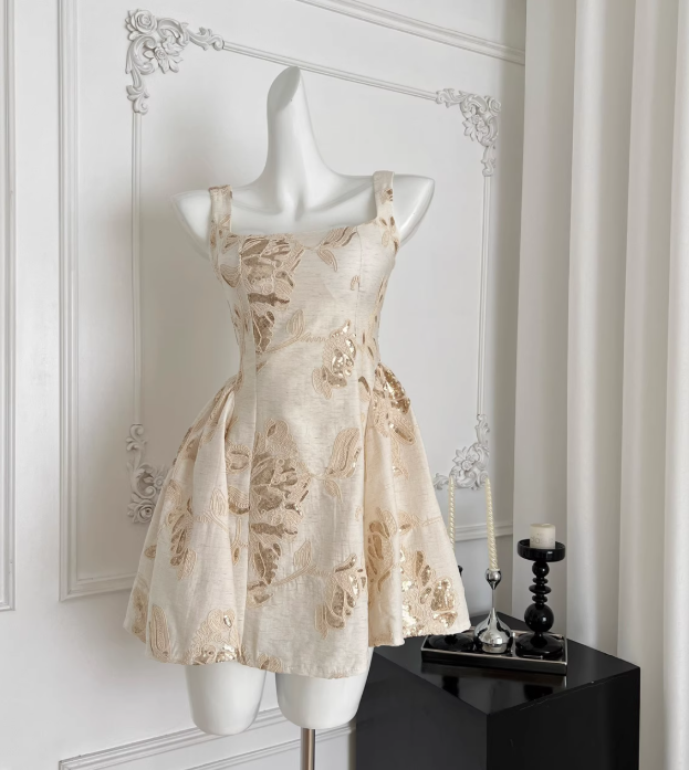 Cute A Line Straps Sequin Satin Short Vacation Dress Homecoming Dress Outfits DP3556