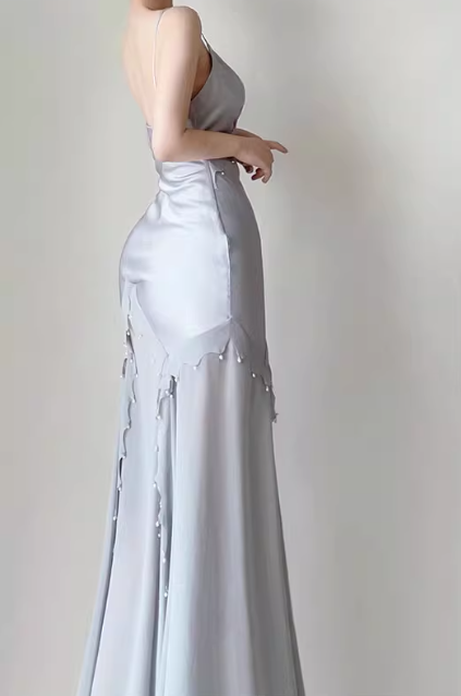 Gentle Mermaid Spaghetti Strap Pearl Chiffon Satin Prom Dress Evening Dress Party Dress DP3583