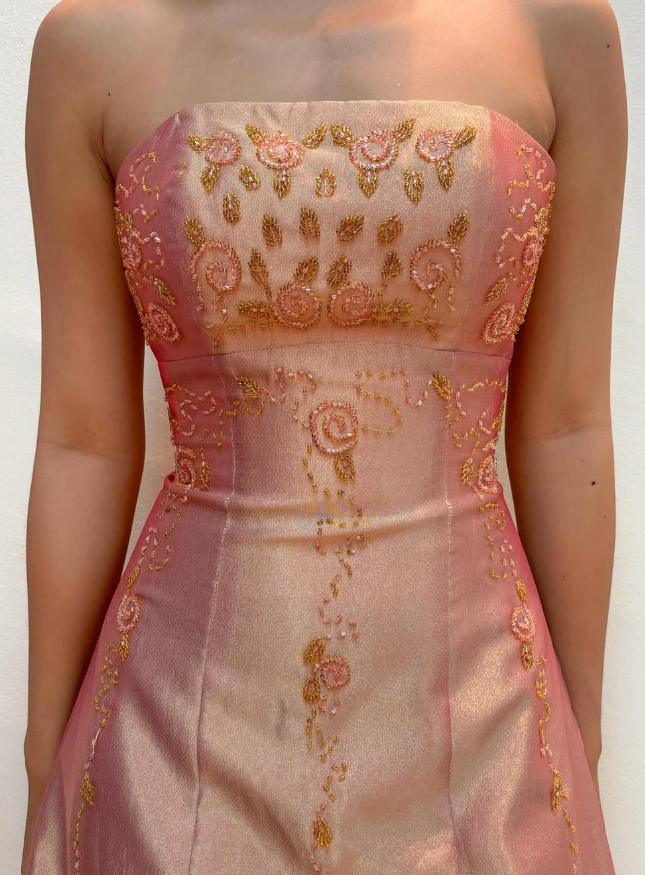 Vintage A Line Strapless Beaded Satin Prom Dress Evening Dress DP1671
