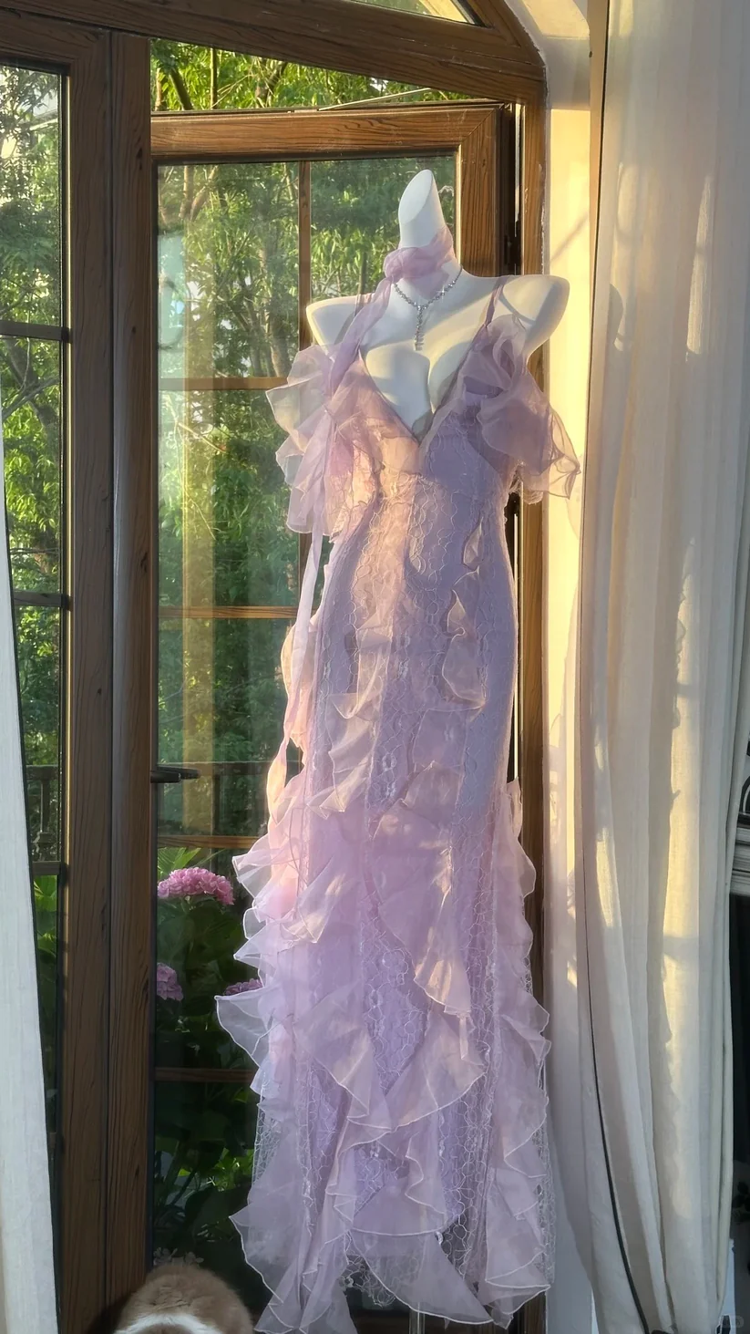Lilac Romantic Lace Elegant Long Chiffon Ball Gown Party Dress Date Dress DP2911