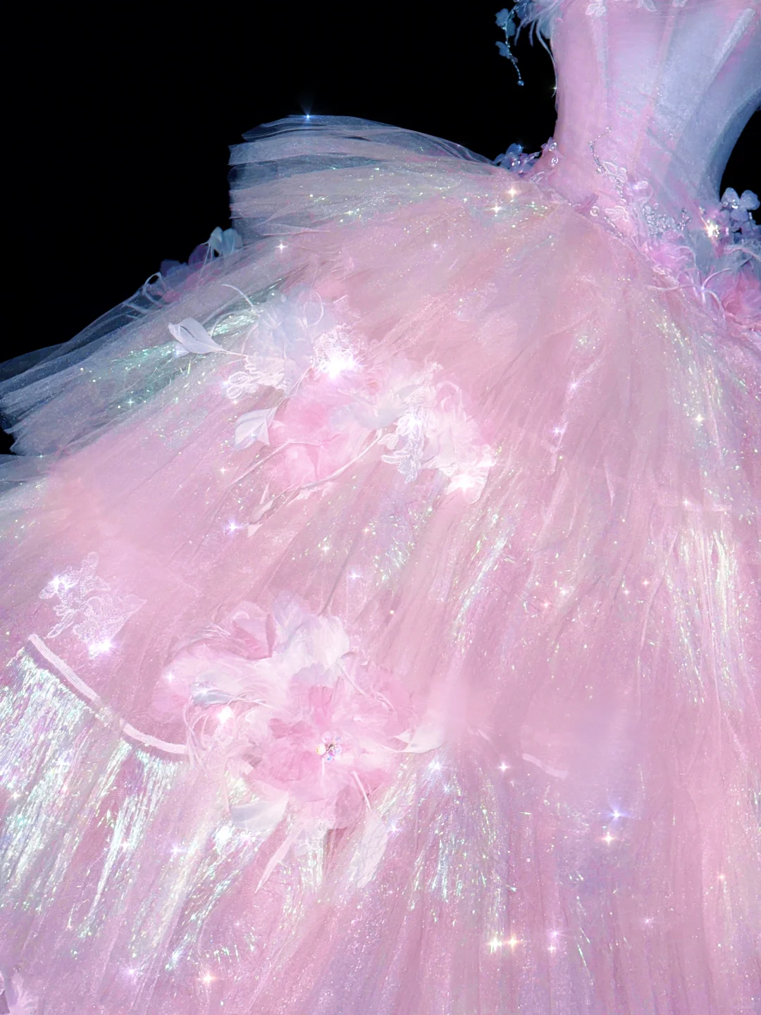 Dreamy A Line Straps Beaded Layered Flower Pink Tulle Prom Dress Party Dress DP2558