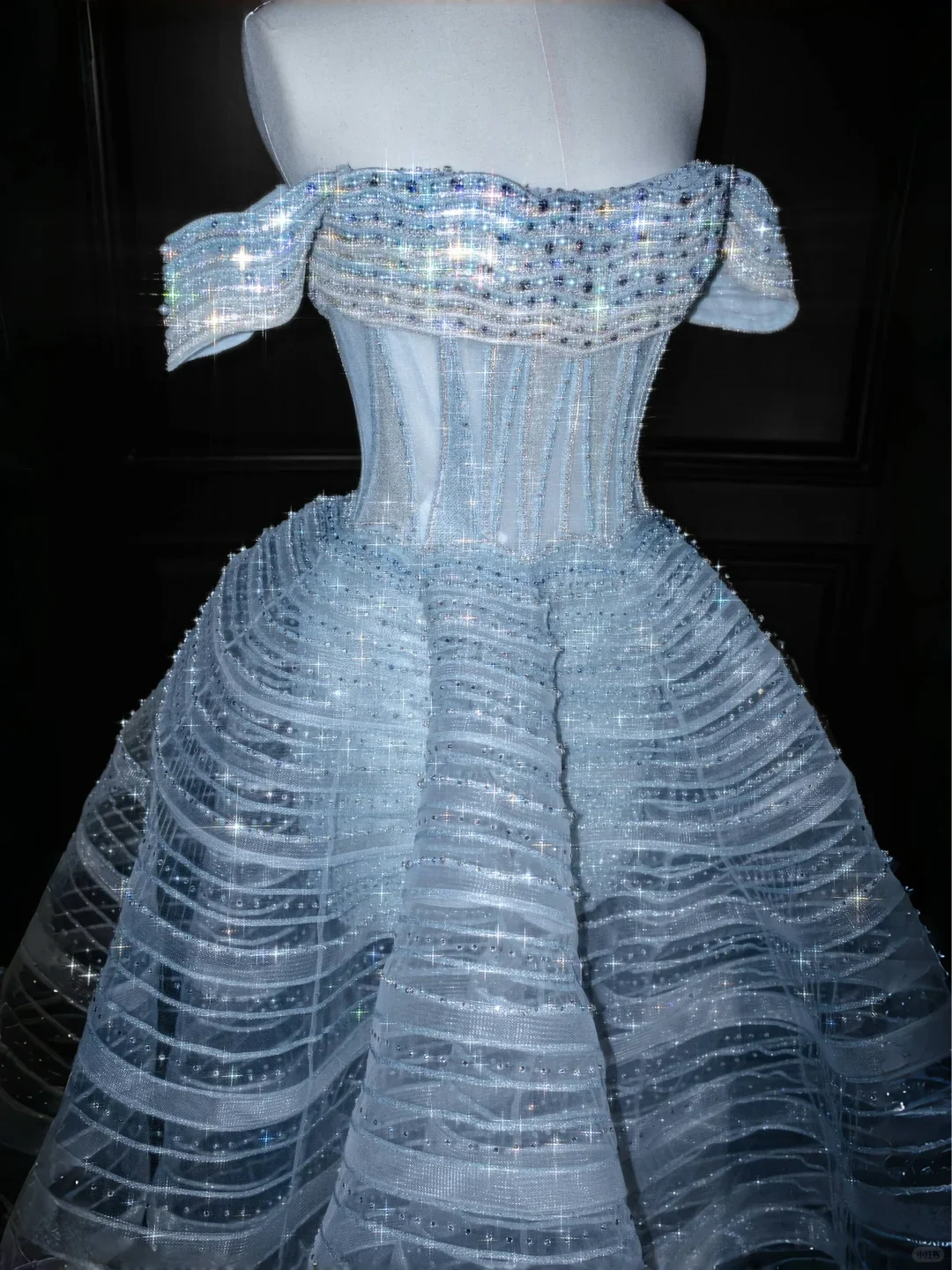 Shiny A Line Off the Shoulder Beaded Blue Organza Long Prom Dress Evening Dress DP2651