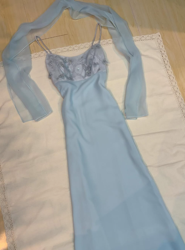 Baby Blue Sheath Spaghetti Straps Appliques Chiffon Prom Dress Evening Dress DP1790