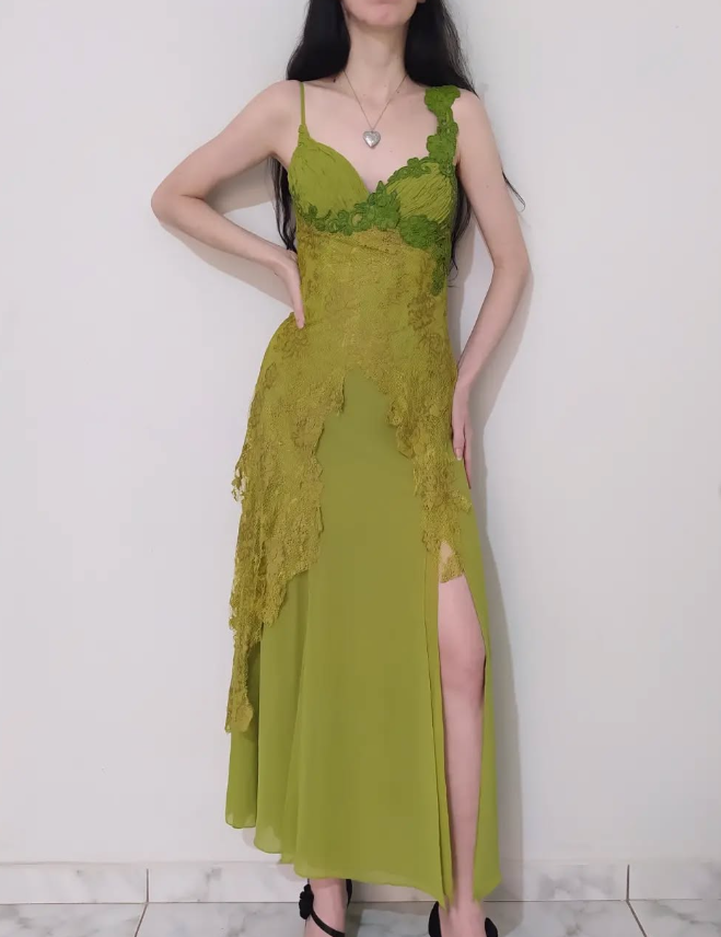 Vintage A Line Spaghetti Strap Lace Green Chiffon Party Dress Evening Dress with Slit DP2368