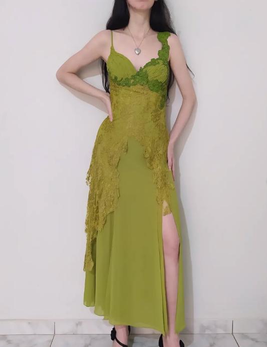 Vintage A Line Spaghetti Strap Lace Green Chiffon Party Dress Evening Dress with Slit DP2368