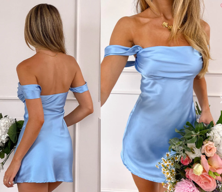 Navy Off-the-shoulder Satin Mini Dress Homecoming Dress DP919