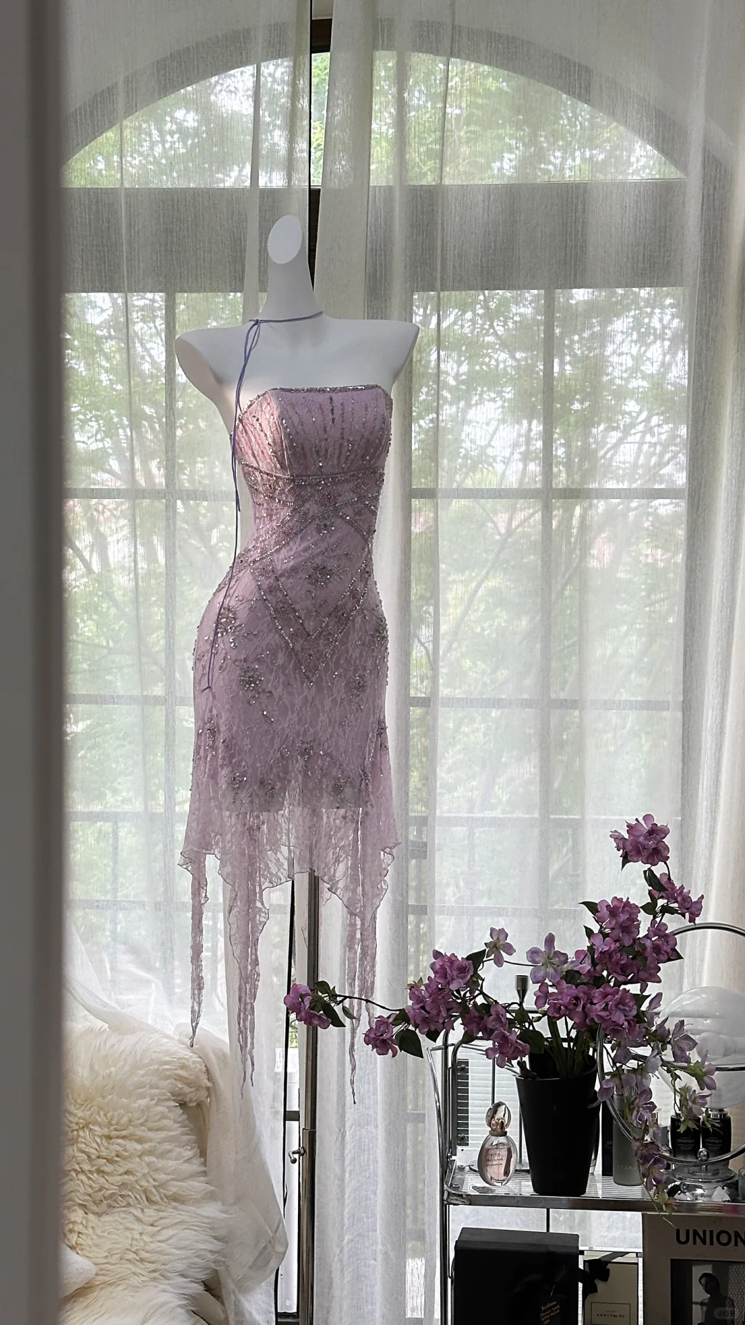 Stunning A Line Strapless Purple Rhinestone Lace Short Homecoming Dress Birthday Dress DP2469