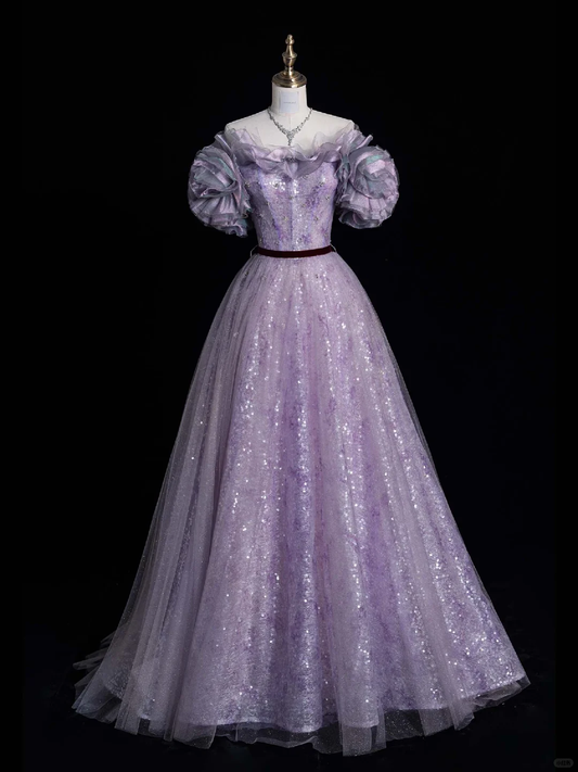 Stunning A Line Off the Shoulder Purple Sequin Tulle Party Dress Birthday Dresses DP2355