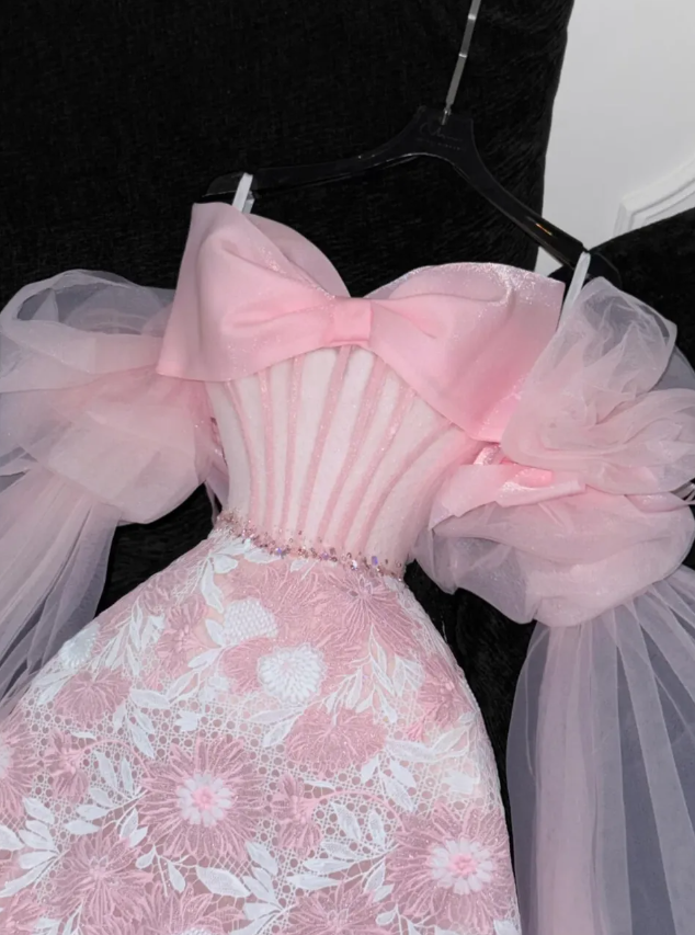 Pink Princess A Line Long Sleeve Organza Lace Prom Dress Birthday Dress Party Dress DP3087